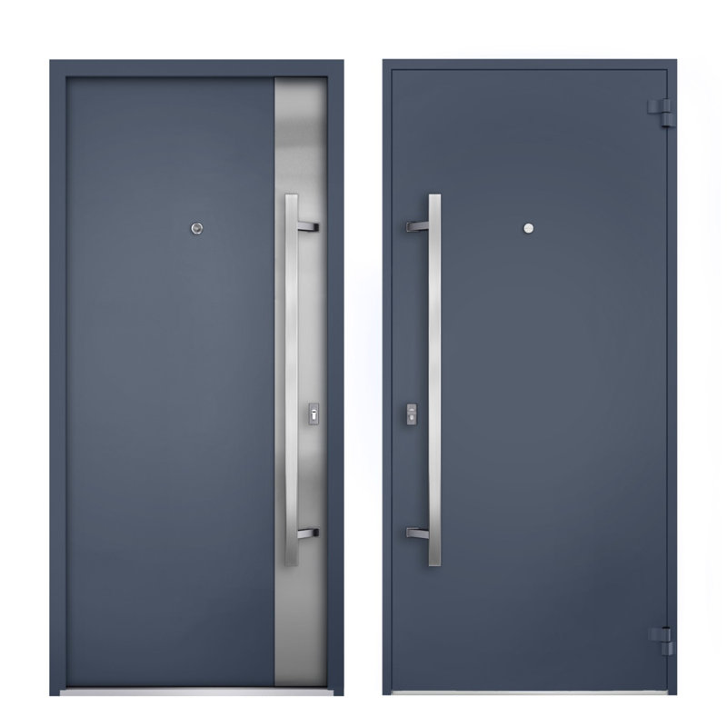 Porte d'entrée extérieure prémontée en acier Deux 0729 Gris graphite, fenêtre latérale extérieure avec inserts en acier inoxydable, style moderne, peinte - L 36 + 16 x H 80 - Ouverture gauche vers l'intérieur