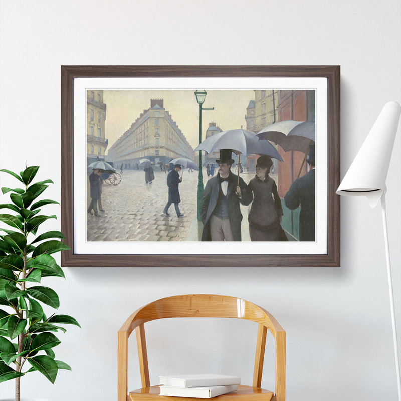 Paris Street on a Rainy Day by Gustave Caillebotte - Picture Frame Painting on MDF, 48cm H x 65cm W x 2cm D, Walnut Framed