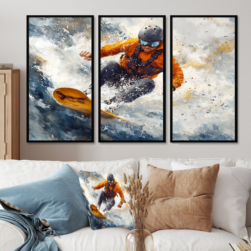 Wakeboard jaune Big Air accentué avec gris I - ensemble d'art mural sport d'hiver, Toile avec cadre flottant noir