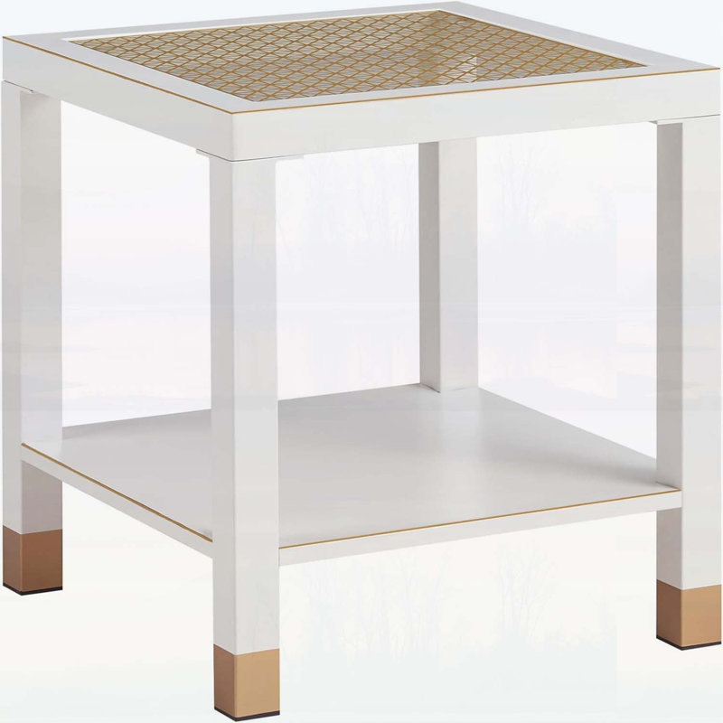 2-Layer Glass Square End Table, White/Gold