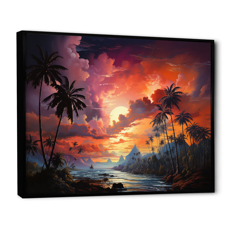 «Coral Palm Trees Landscape II», reproduction sur toile, H 16 po x l 32 po x P 1 po, Cadre flottant noir