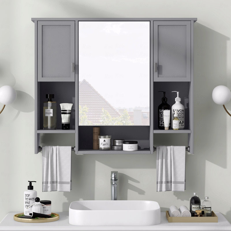 Armoire de rangement murale moderne 35 po x 28 po, armoire de salle de bain murale avec miroir, armoire à pharmacie avec barre à serviettes