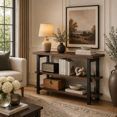 48" Solid Pine and Rubber Wood Console Table with 3-Tier Open Storage for Living Room