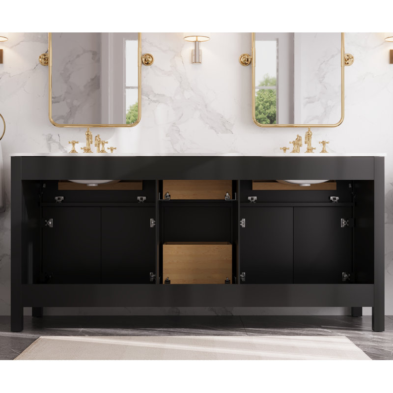 72" Black Double Freestanding Bathroom Vanity with Marble Top
