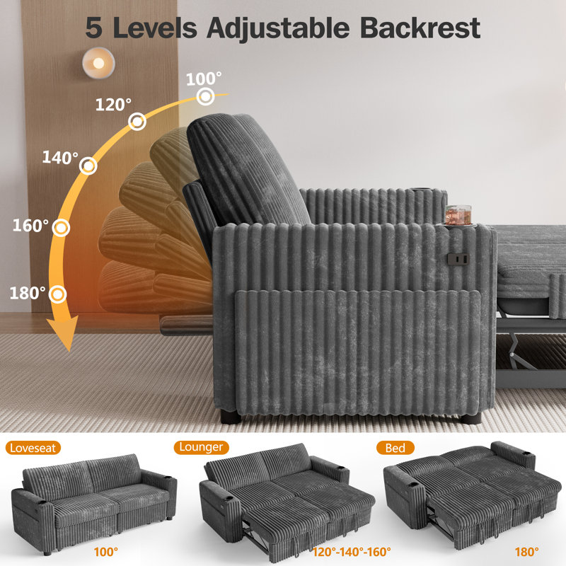 Sectional Sleeper Sofa Bed With Pull Out Bed, Oversized Loveseat Sleeper Sofa With Reclining Backrest/Two Pull Out Beds/Usb Ports/Cup Holders, Tool Free Assembly