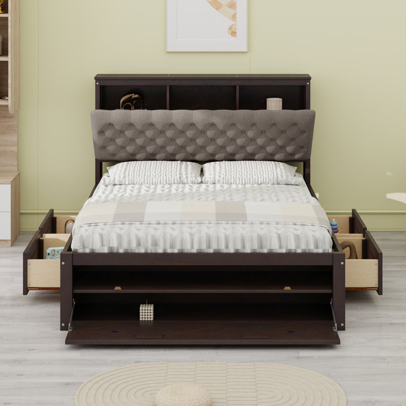 Lit plateforme en bois robuste avec 4 tiroirs, tête de lit et range-chaussures, Espresso