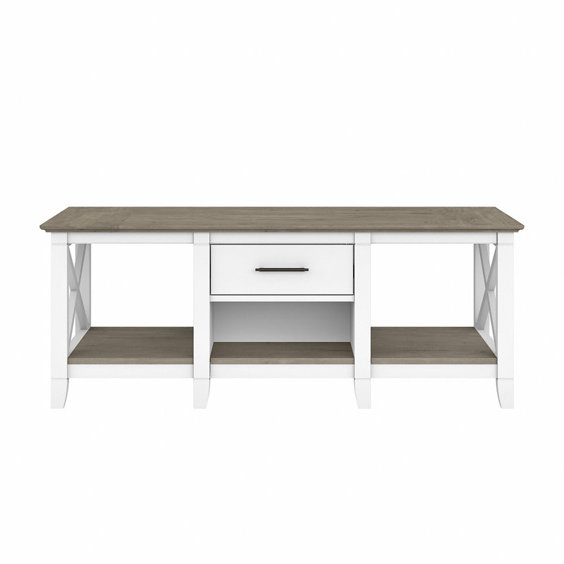 Table basse avec rangement Huckins, Plateau gris Shiplap / base blanc pur