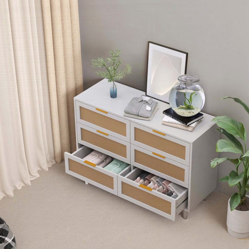 Commode 6 tiroirs en rotin naturel avec rangement spacieux