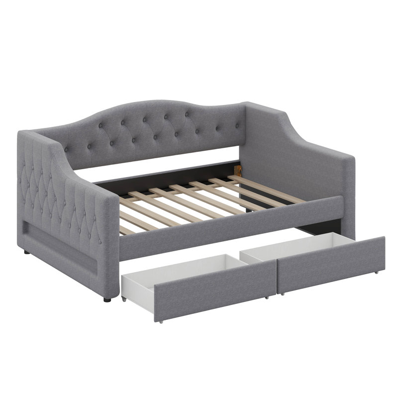 Upholstered Twin XL Daybed With Storage Drawers, Adjustable LED, Gray