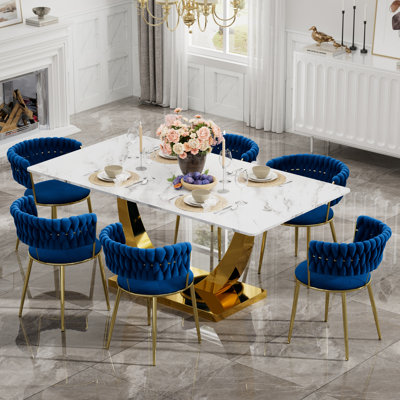 Ensemble de salle à manger à piédestal rectangulaire avec chaise de salle à manger en velours Modern Weaven