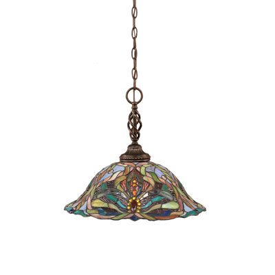 Eleganté Chain Hung Pendant Shown In Dark Granite Finish With 19" Kaleidoscope Art Glass