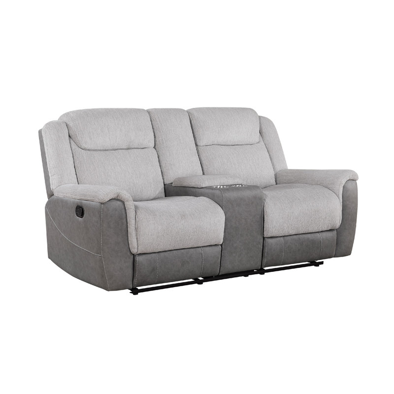 Feo Manual Reclining Loveseat W Console, White Gray Microfiber 76 Inch