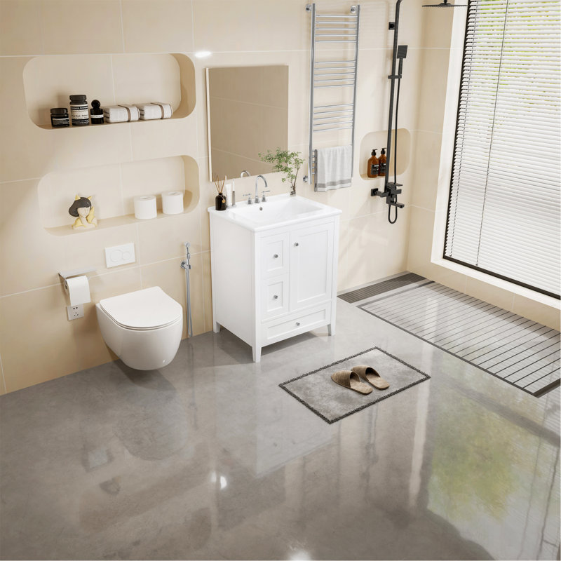"Meuble-lavabo de 24 pouces avec rangement, tablette réglable, panneau de fibres à densité moyenne et bois d'hévéa, cloisons amovibles, finition blanc brillant"