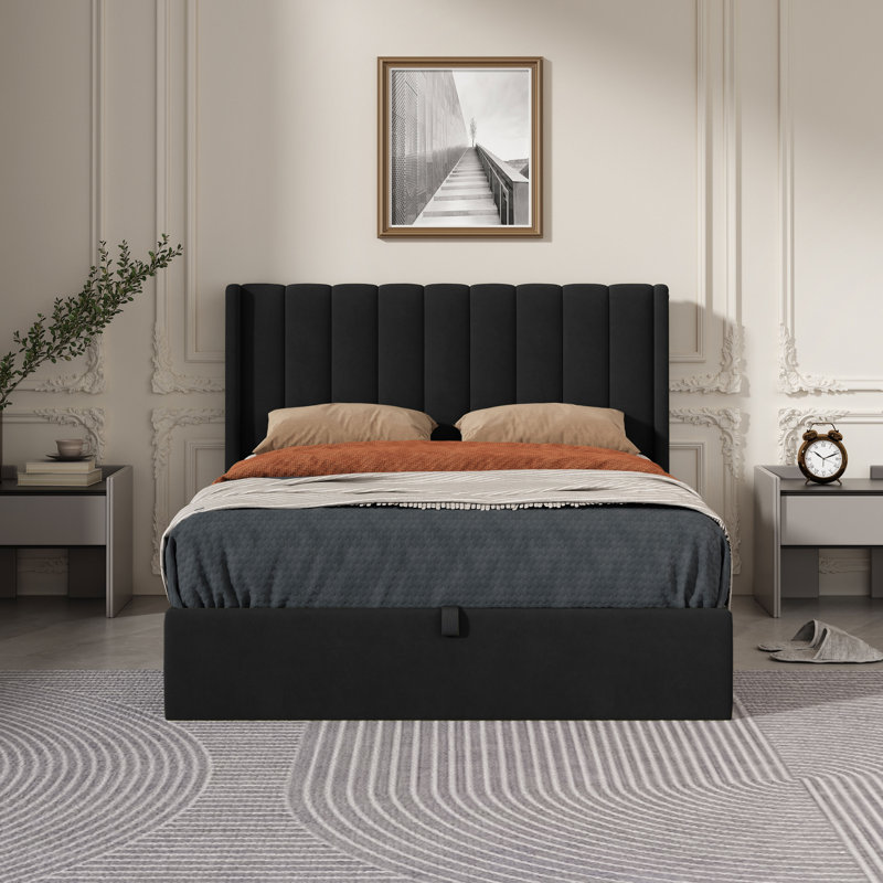 Daizia Lift Up Storage Platform Bed with Wingback Headboard, Full, Black