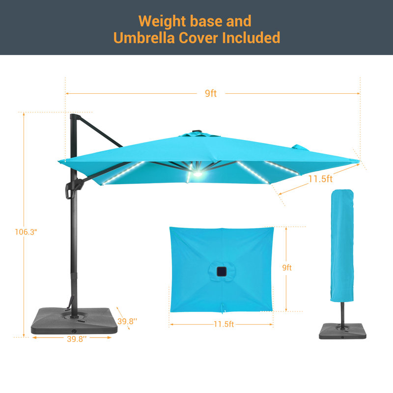 Parasol rectangulaire en porte-à-faux lumineux 138 po x 108 po Rozann, Bleu lac