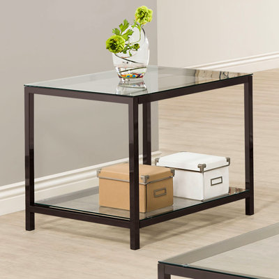 Table d'appoint contemporaine à 1 tablette avec plateau en verre, couleur nickel noir, 24 pouces de largeur, ajoute une touche sophistiquée de 23 haut de gamme, décoration polyvalente