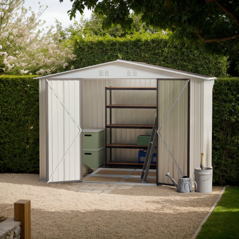 10x8 ft White Outdoor Garden Shed with Foundation, Aluminum Frame & Hinge Door