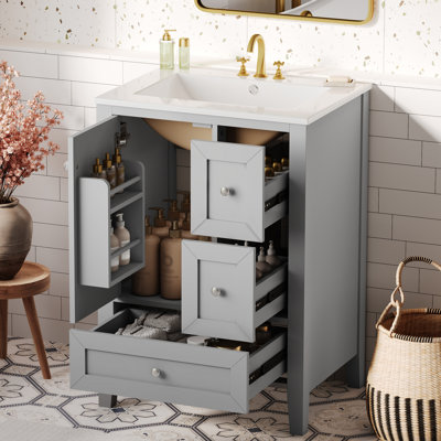 24" Freestanding Bathroom Vanity With Sink, Modern Vanity Cabinet With 3 Drawers & Storage Shelves, Solid Wood Frame & Ceramic Top
