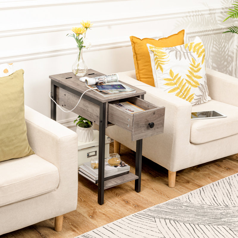Huspon 24" End Table with Storage and Charging Station, Grey