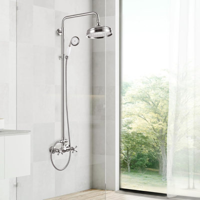 Traditional Exposed Rain Shower System with Handheld Spray, 8'' Wall Mounted Brass Shower Fixture with Adjustable Straight Riser and Cross Handles