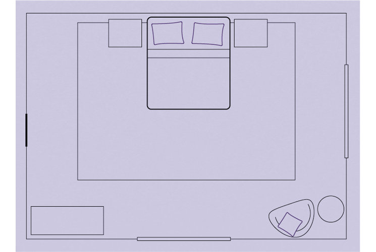 Illustration of a bedroom layout showing a bed placed in the center of the longest wall of the room with a nightstand on either side an area rug underneath the bed an accent chair in the corner and a dresser on the side