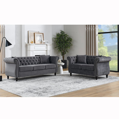  5-Seater Straight Back Chesterfield Sofa Set, 3+2 Velvet Tufted Couches with Rolled Arms, Nailhead Trim and Pillows for Living Room, Grey