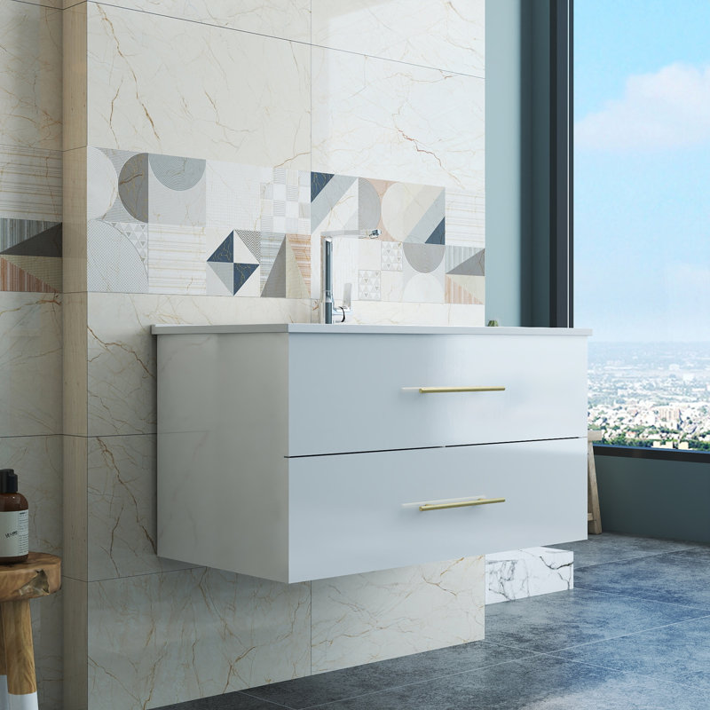 Ensemble de meuble-lavabo mural avec lavabo, Blanc lustré, 39"