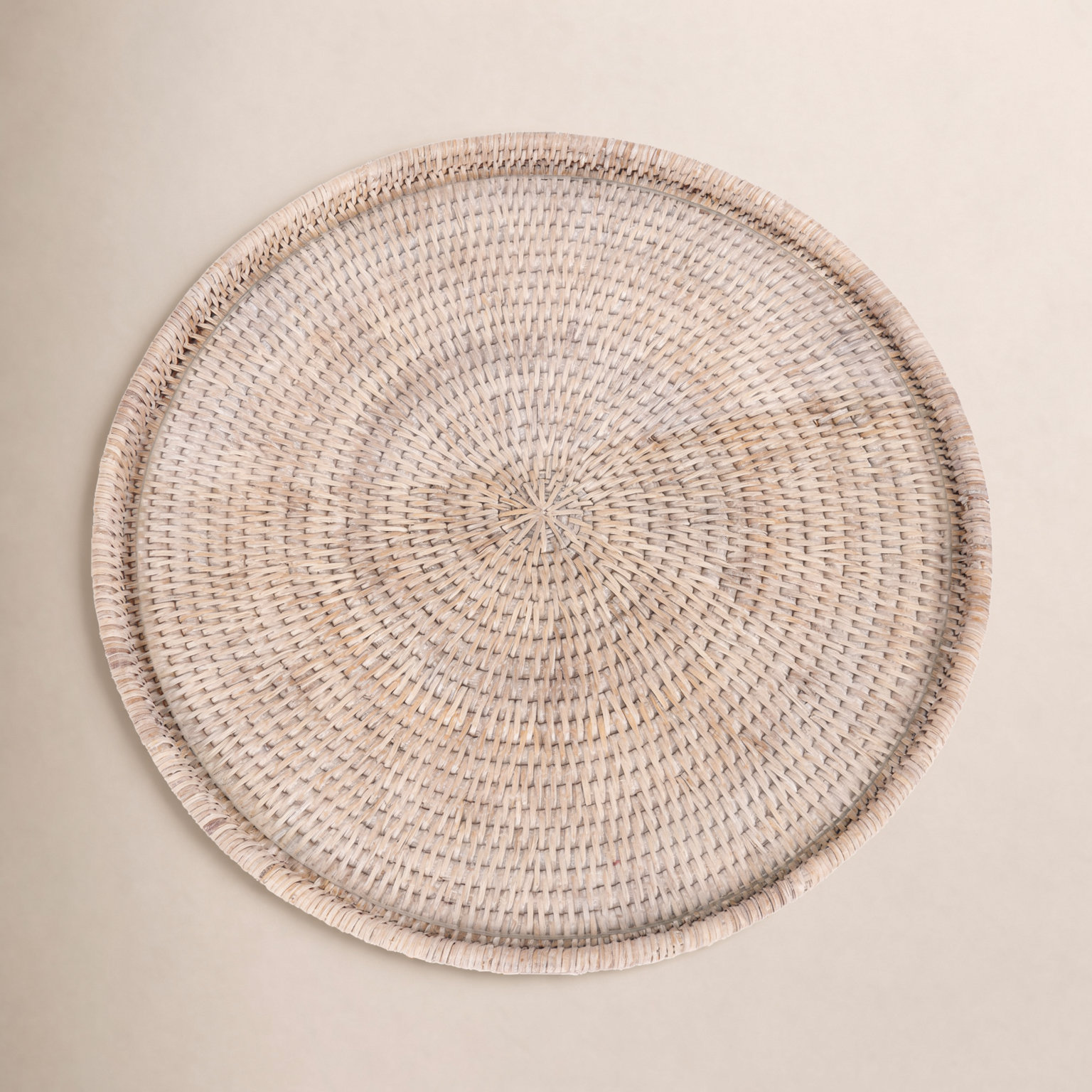 Wicker Decorative Tray, 1" H x 14" W x 14" D, White Wash, Glass Bundle