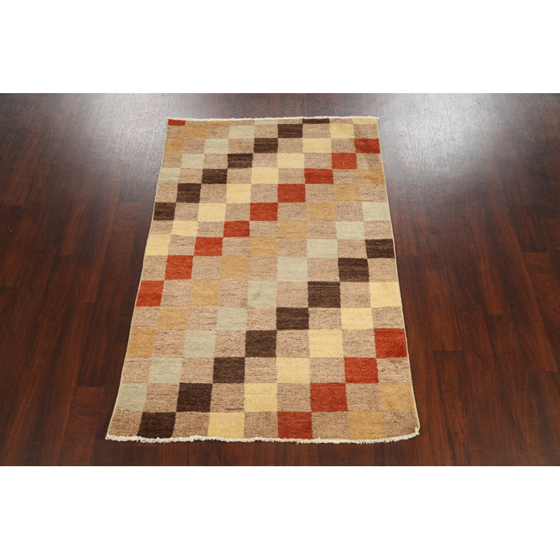Tapis unique en laine noué à la main beige / brun / orange nouvel âge 4 pi x 6 pi