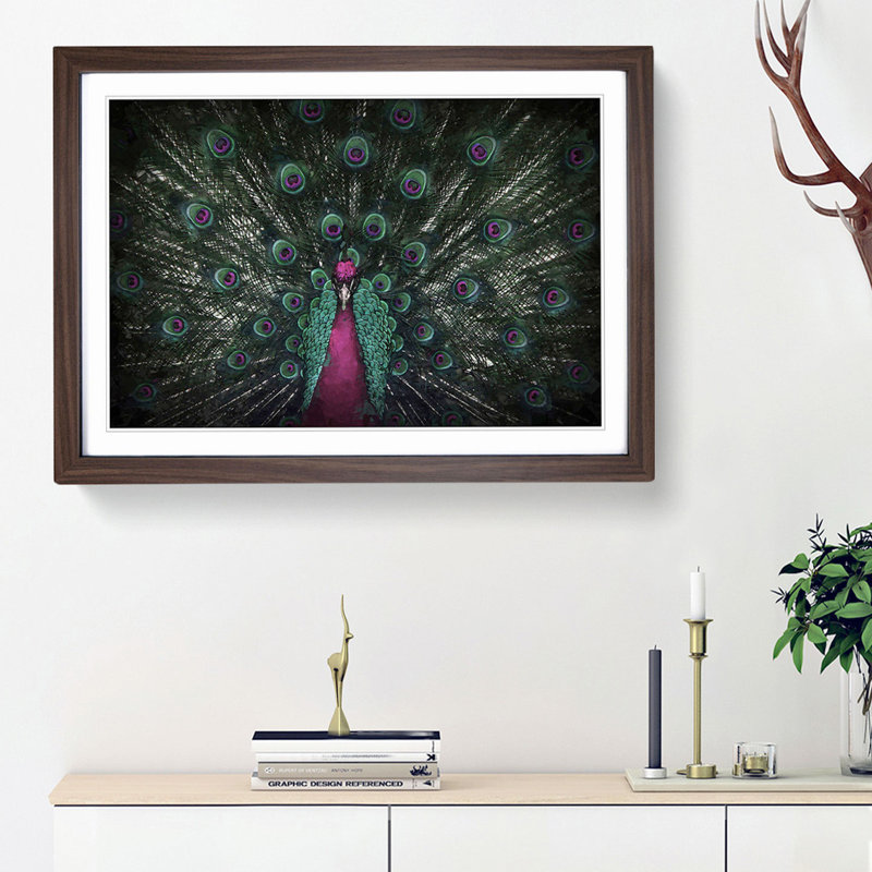 Mesmerising Pink & Green Peacock - Picture Frame Graphic Art Print, 62cm H x 87cm W x 2cm D, Walnut Framed