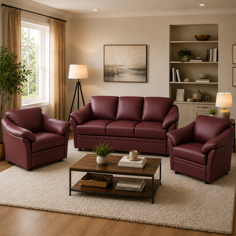 Ensemble de canapé en cuir fleur et 2 chaises Ramdev, Burgundy Genuine Leather