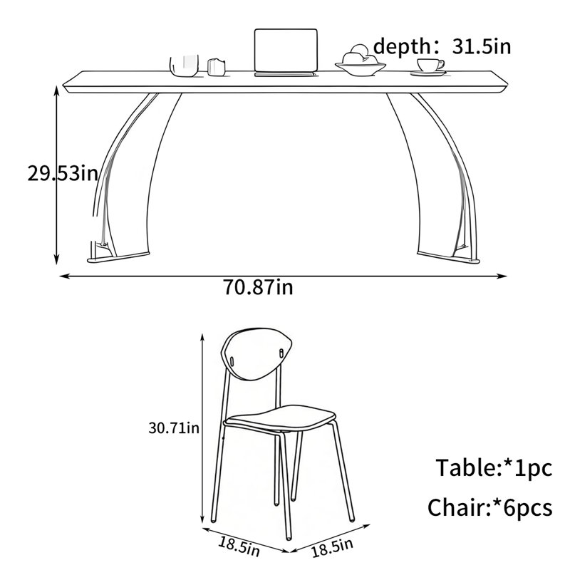 Stalbridge Retro rectangular dining table, 7 Pieces: Table, 6 Chairs, 29.53"H x 70.87"L x 31.5"W
