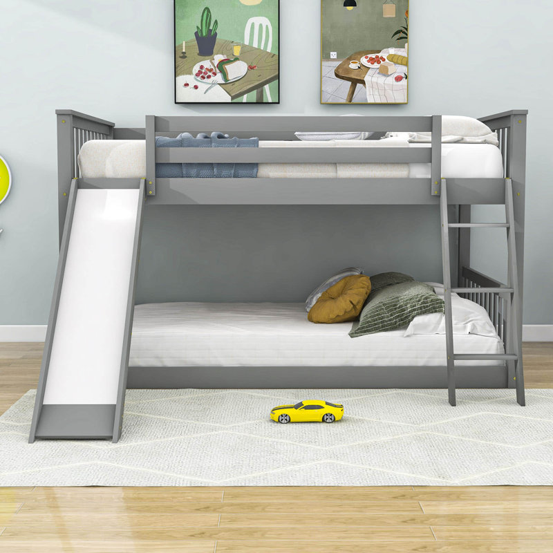 Full Over Full Bunk Bed with Slide and Ladder, Grey