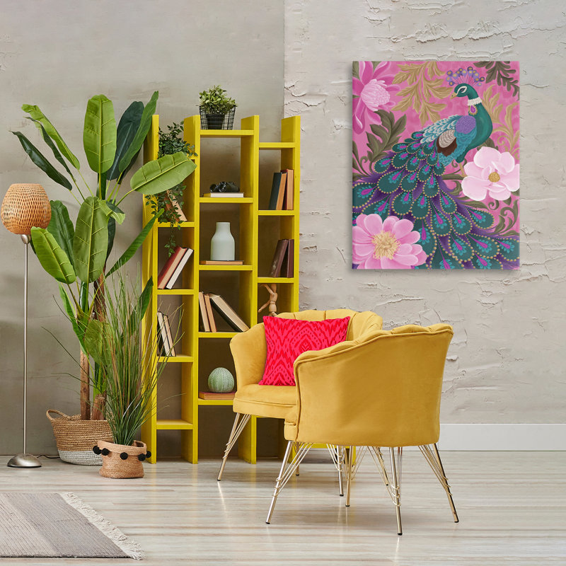 "Peacock & Pink Blossoms", art mural par Cat Thurman Designs, H 20 po x l 16 po x P 1,5 po