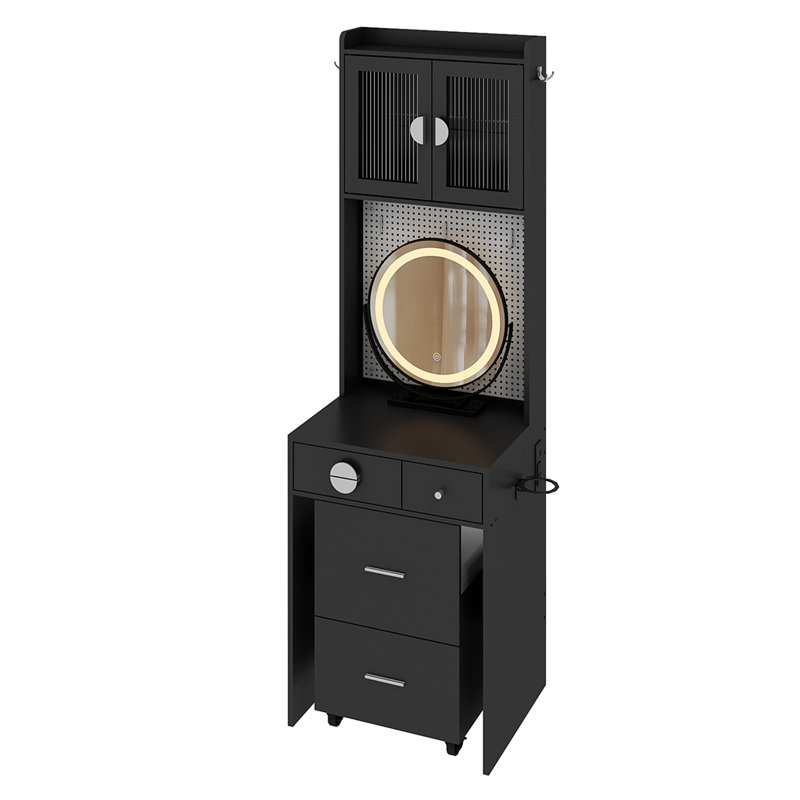 Petit bureau de coiffeuse avec miroir et lumières DEL, Noir, noir, noir, noir, Argent argent