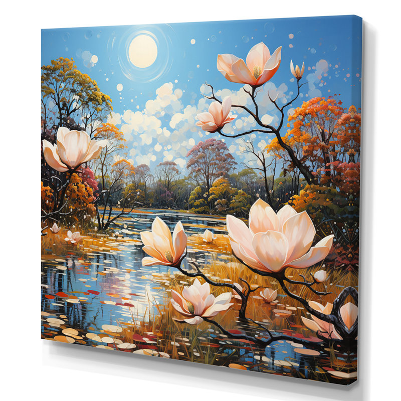 Motif de pointillisme blanc Pcoral Magnolias - blanc, H 24 po x l 24 po x P 1 po, Toile tendue