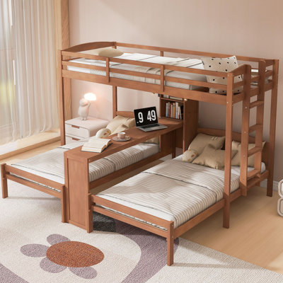 Lit superposé avec bureau intégré et tablettes de rangement, lampe de lecture, 3 lits en 1