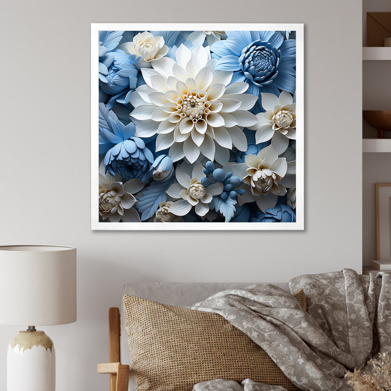 Dahlia symphonie blanche et bleue II sur toile, Cadre simple blanc, H 36 po x l 36 po x P 1,5 po