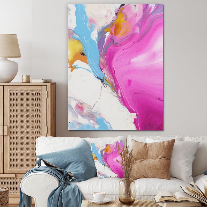Rose fuchsia et illusions fluides bleu clair II, Toile tendue, H 32 po x l 16 po x P 1 po