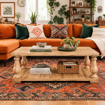 Farmhouse Coffee Table with Storage Shelf - Natural Solid Wood 2-Tier Rustic Center Table with Turned Legs