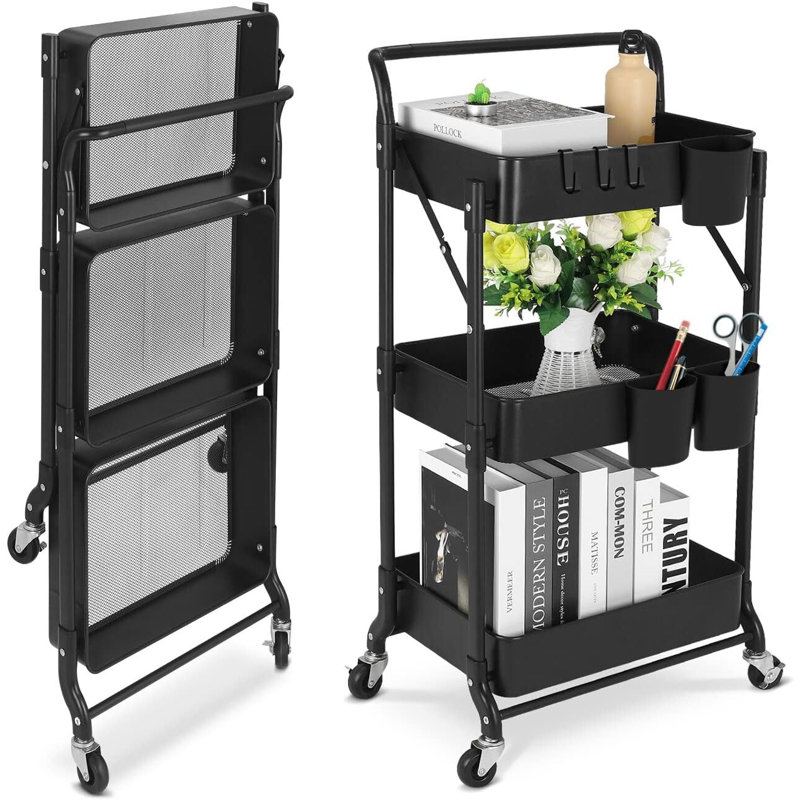 Foldable 3 Tier Rolling Cart, Black, 58.3" H x 17.7" W x 11" D