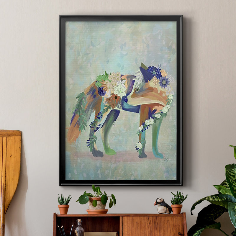«Fantastic Florals Fox», reproduction encadrée de qualité supérieure - prête à être accrochée, Noir