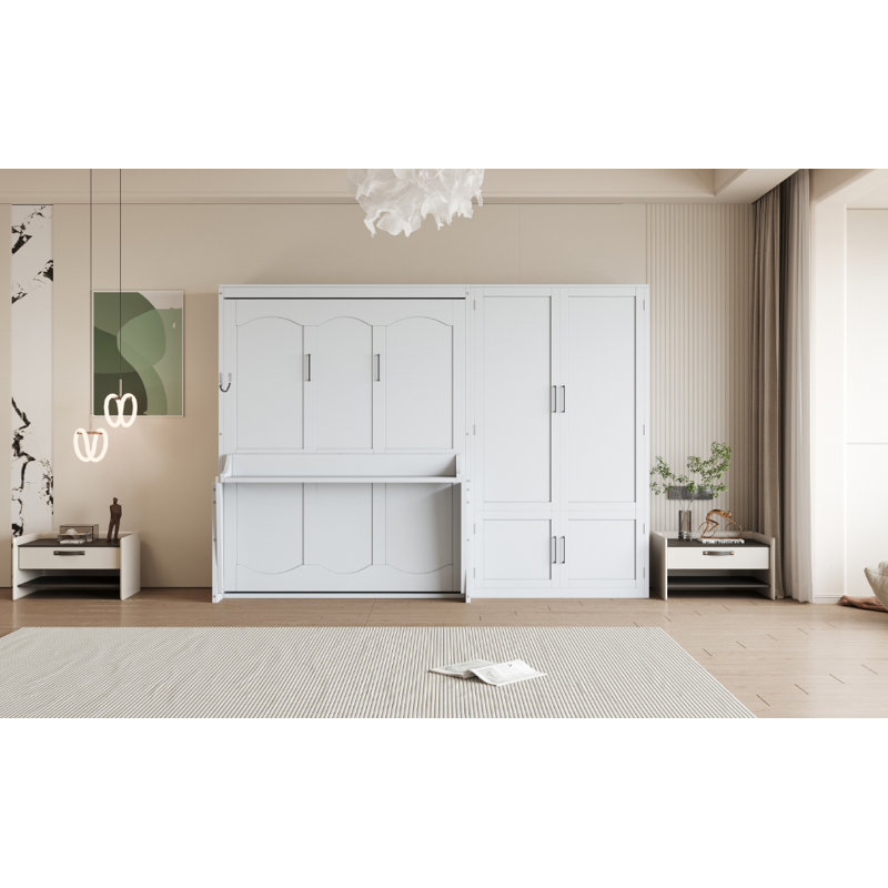 Grand lit escamotable mural avec placard, blanc