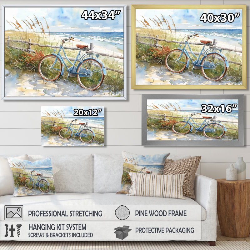 Vélo bleu sur le sentier de la plage II - art mural côtier, Toile encadrée noire simple, H 12 po x l 20 po x P 1 po
