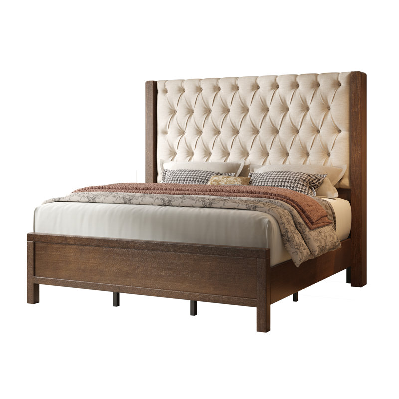 Tufted Upholstered Platform Bed with Wood Frame and Tall Headboard, Brown, King