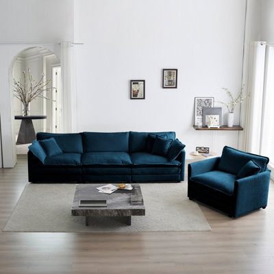 3 Upholstered For Living Room - Modern Blue Sectional With Wood Frame And High Chenille Fabric Furniture Stylish Comfortable