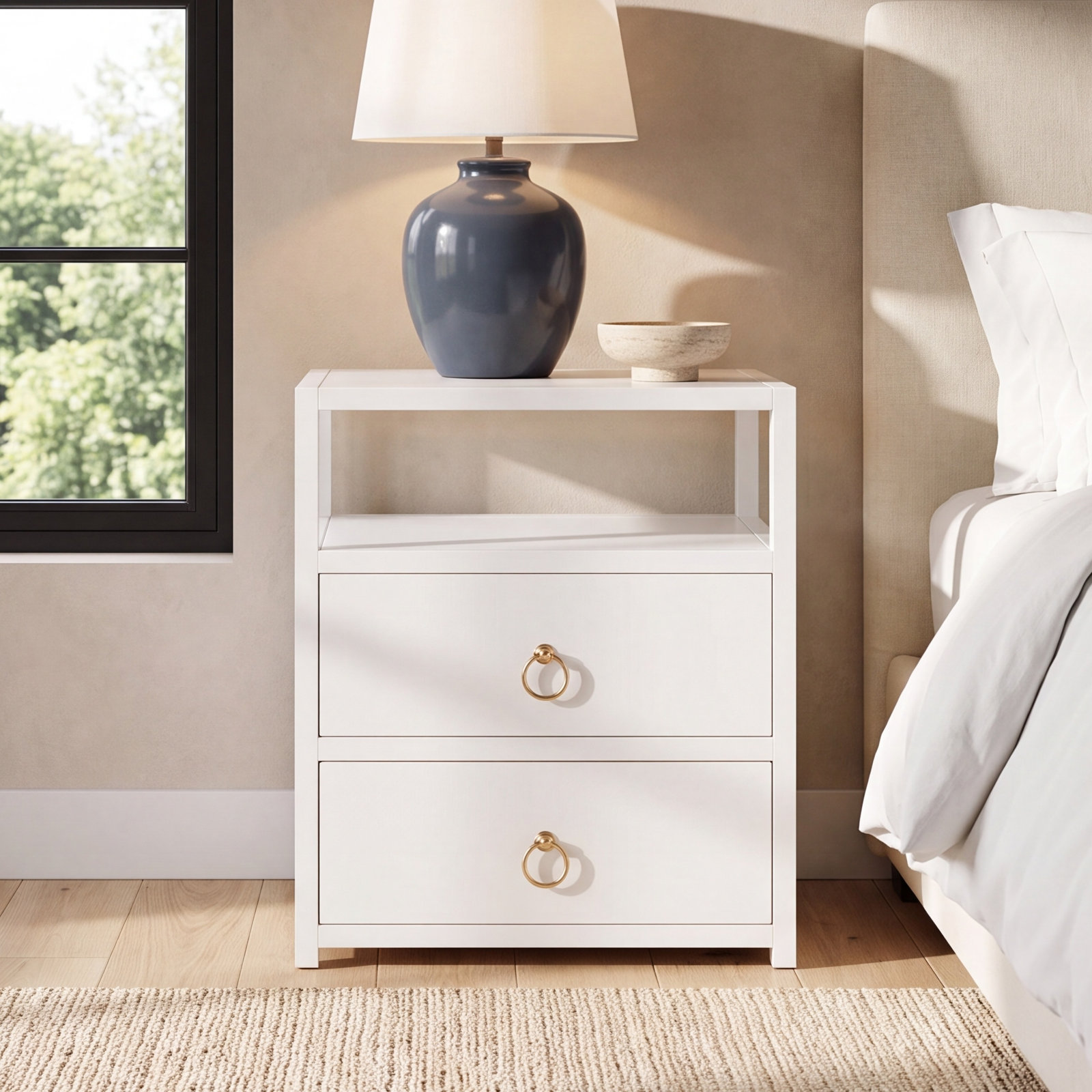 Elin 2-Drawer Acacia Nightstand, White