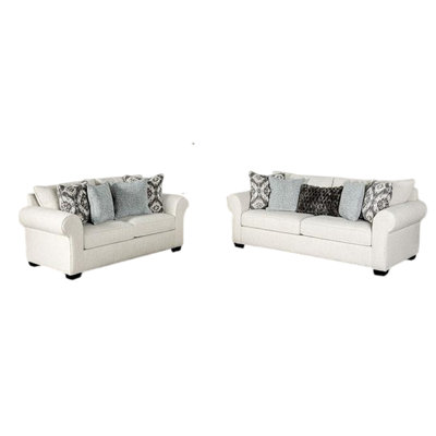 Berrie 2Pc Sofa Loveseat Set, 9 Throw Pillows, Modern White Polyester by Benjara