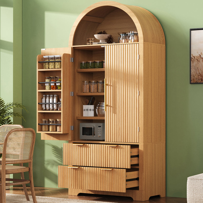 Vitrine arquée de 72 po de hauteur avec portes cannelées, Natural