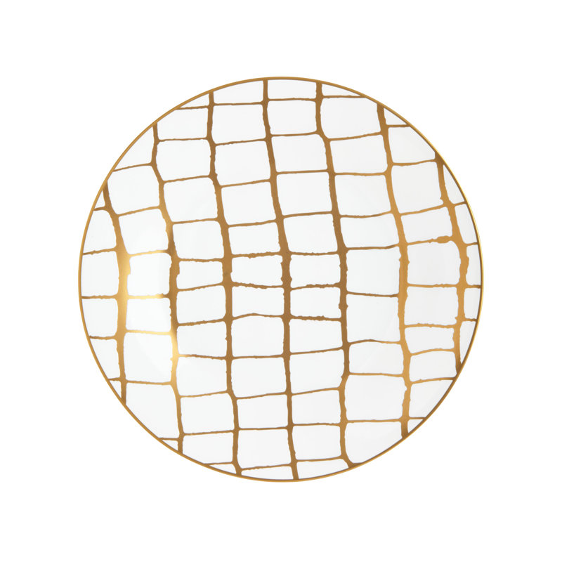 Assiette à salade ou à dessert en porcelaine tendre 8,5 po Alligator, Blanc / brun
